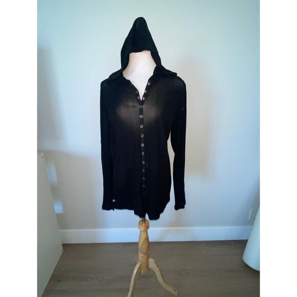 Tripp NYC Mesh Hoodie Top Snap Front Black L/S Size Large - Picture 1 of 9